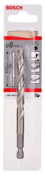 BOSCH Holzspiralbohrer mit 1/4-Zoll Sechskantschaft, 8 x 75 x 117 mm BOSCH Holzspiralbohrer mit 1/4-Zoll Sechskantschaft, 8 x 75 x 117 mm