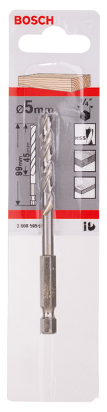 BOSCH Holzspiralbohrer mit 1/4-Zoll Sechskantschaft, 5 x 52 x 99 mm BOSCH Holzspiralbohrer mit 1/4-Zoll Sechskantschaft, 5 x 52 x 99 mm