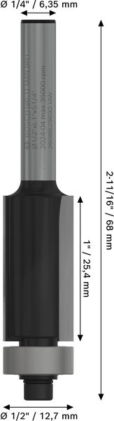 BOSCH PRO Bündigfräser, untenliegendes Führungskugellager, Ø 1/2" x L 1", Schaft 1/4" BOSCH PRO Bündigfräser, untenliegendes Führungskugellager, Ø 1/2" x L 1", Schaft 1/4"