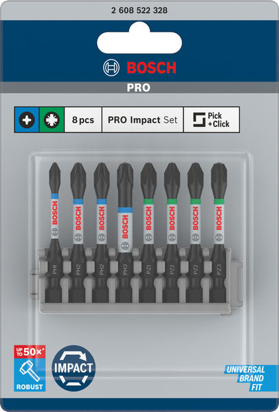 BOSCH PRO Impact Schrauberbit-Set, PH1/PH2/PH3/PZ1/PZ2/PZ3, 55 mm, 8-tlg
