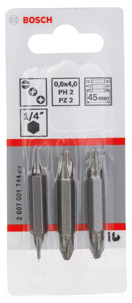 BOSCH Doppelklingenbit-Set, 3-teilig, S0,6x4,0, S0,6x4,0, PH2, PH2, PZ2, PZ2, 45 mm BOSCH Doppelklingenbit-Set, 3-teilig, S0,6x4,0, S0,6x4,0, PH2, PH2, PZ2, PZ2, 45 mm