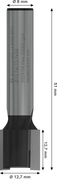 BOSCH PRO Scharniernutfräser, zweischneidig, Ø 12,7 x L 12,7, Schaft 8 mm BOSCH PRO Scharniernutfräser, zweischneidig, Ø 12,7 x L 12,7, Schaft 8 mm