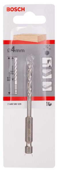 BOSCH Holzspiralbohrer mit 1/4-Zoll Sechskantschaft, 4 x 43 x 88 mm BOSCH Holzspiralbohrer mit 1/4-Zoll Sechskantschaft, 4 x 43 x 88 mm