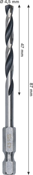 BOSCH Metal HSS Spiralbohrer, 4,5 x 47 x 87 mm, HEX 1/4“ Schaft