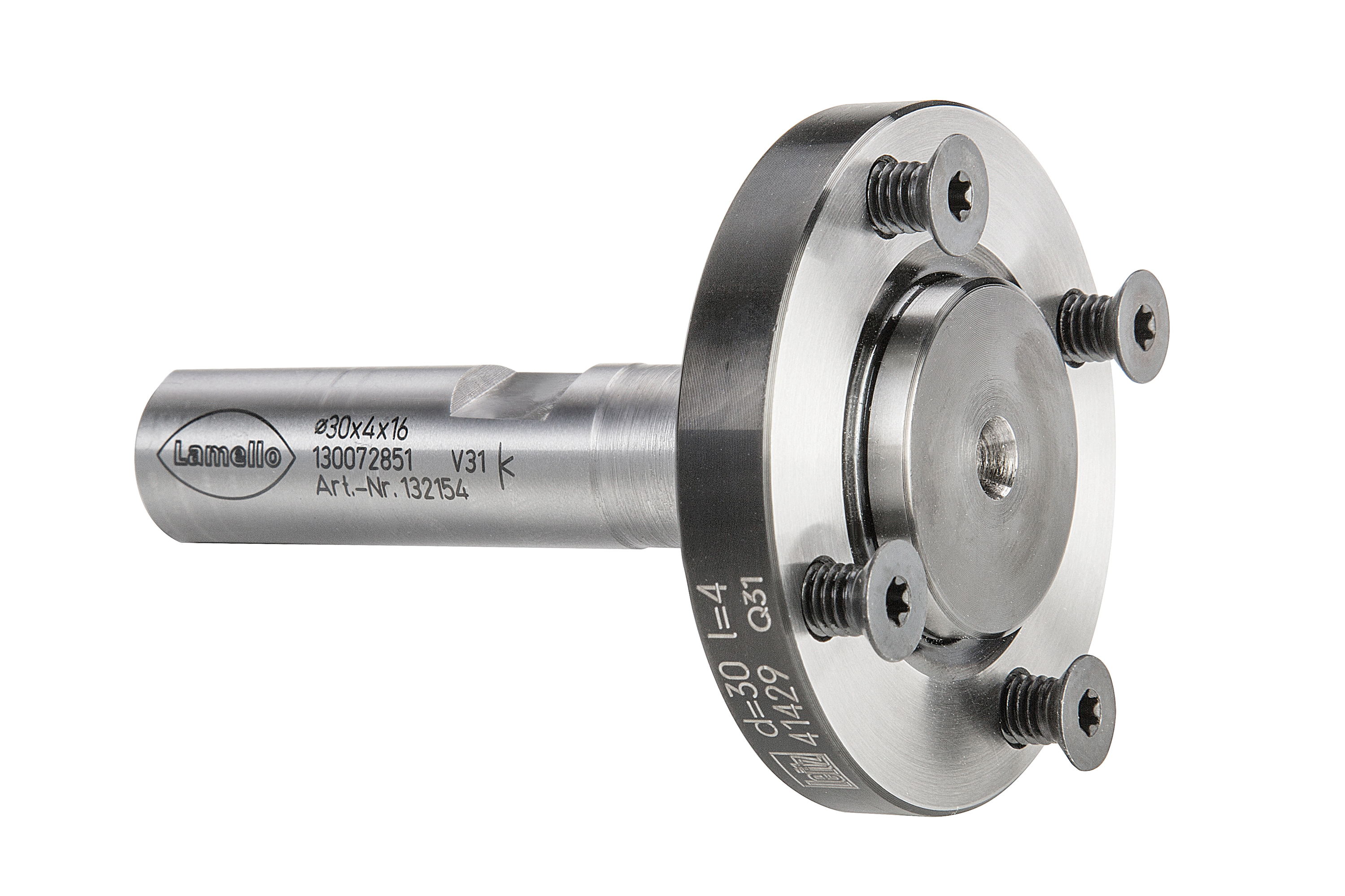 LAMELLO Fräsdorn CNC für P-System Nutfräser, Spannfläche 2, Ø30 mm, Schaft Ø16x50 mm, L 85 mm, NL 4xM4xØ48 mm