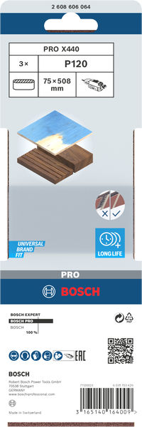 BOSCH PRO X440 Schleifband, 75 x 508 mm, G120, 3-tlg.