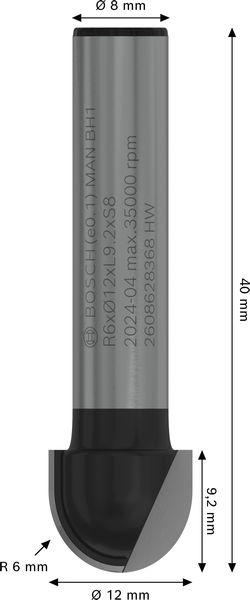 BOSCH PRO Hohlkehlfräser, R 6, Schaft 8 mm