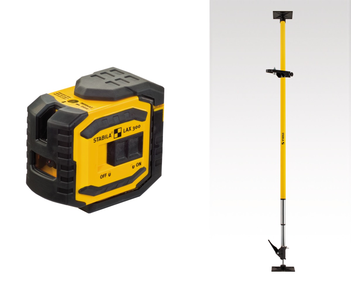 STABILA Kreuzlinienlaser LAX 300, 5-teiliges Set, selbstnivellierend, scharfe Laser-Linien mit Lotpunkten, Reichweite bis 20 m, Schutzklasse IP 54, inklusive Teleskopstange LT 30
