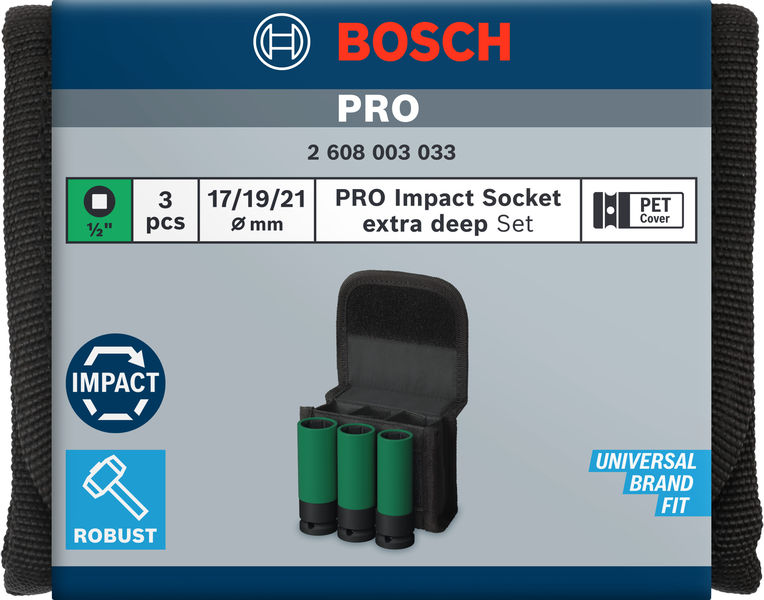 BOSCH PRO Impact Steckschlüssel-Set mit PET-Abdeckungen, 1/2", extra tief, 3-tlg