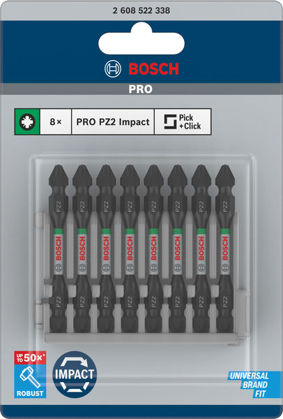 BOSCH PRO Impact Schrauberbit mit Doppelklingen und Pick and Click, PZ2, 65 mm, 8-tlg.