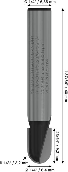 BOSCH PRO Hohlkehlfräser, R 1/8", Schaft 1/4" BOSCH PRO Hohlkehlfräser, R 1/8", Schaft 1/4"