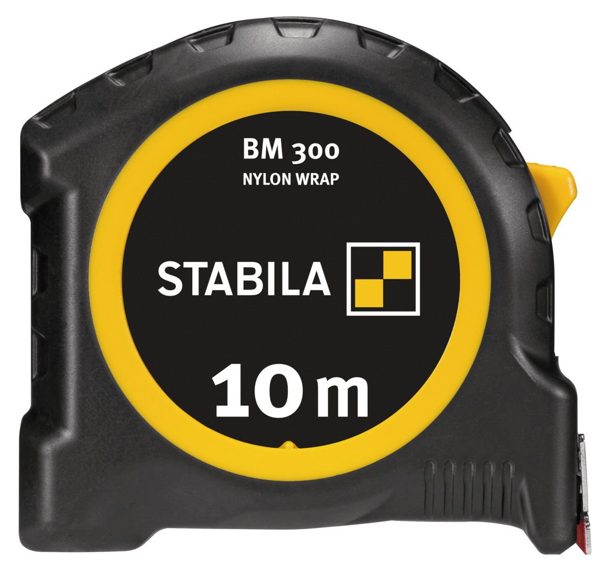 STABILA Taschenbandmaß BM 300, 10 m, Maßband mit doppelseitiger 1000er-Skala, metrisch, bruchsicheres PC/ABS-Gehäuse, SPIKES-Haken, Stahlband mit NYLON-WRAP-Ummantelung, Gürtel-Clip, MID-Genauigkeit