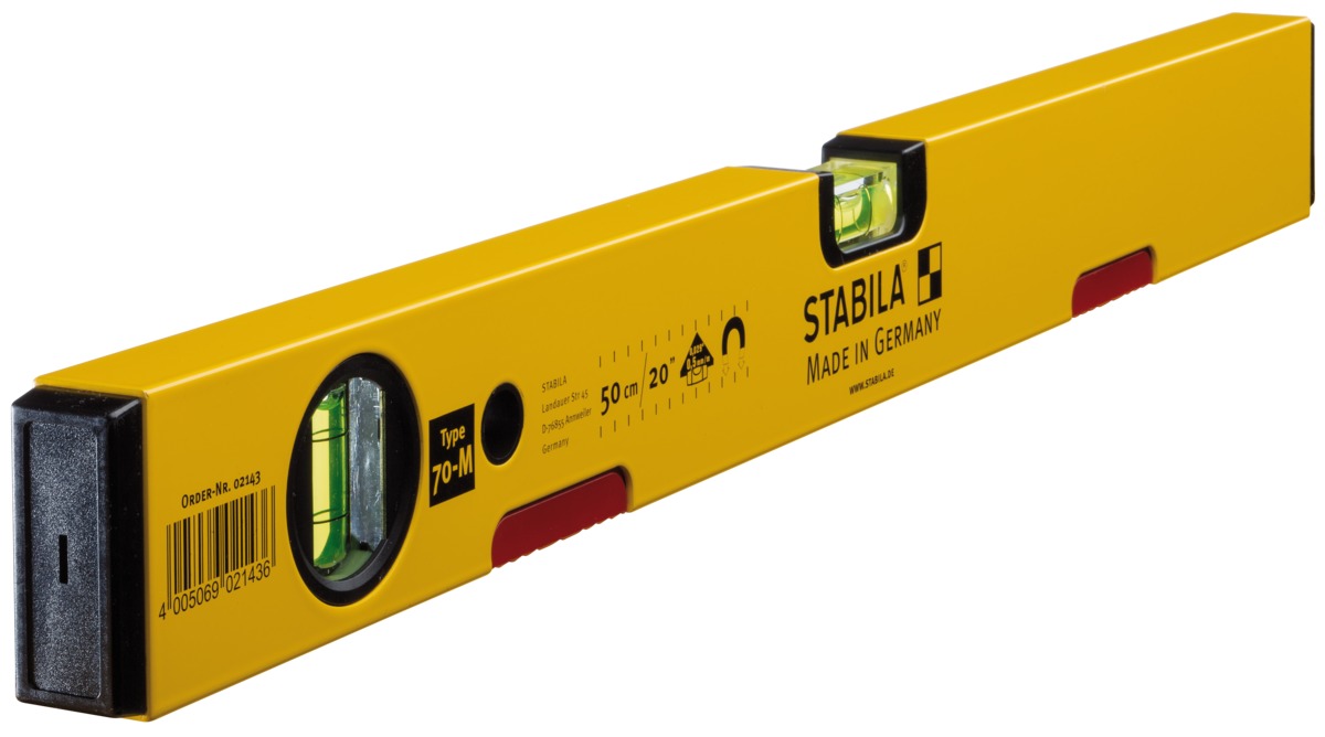 STABILA Magnet-Wasserwaage Type 70 M, 50 cm, leichtes Alu-Profil, starkes Seltenerd-Magnetsystem, 1 Horizontal-Libelle, 1 Vertikal-Libelle, Made in Germany