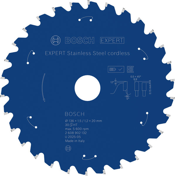 BOSCH EXPERT Stainless Steel Kreissägeblatt, 136x20 mm, Z30 BOSCH EXPERT Stainless Steel Kreissägeblatt, 136x20 mm, Z30