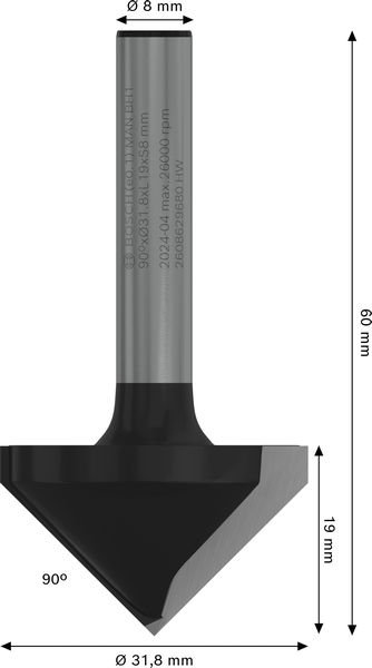 BOSCH PRO Spitznutfräser, 90° x Ø 31,8, Schaft 8 mm BOSCH PRO Spitznutfräser, 90° x Ø 31,8, Schaft 8 mm