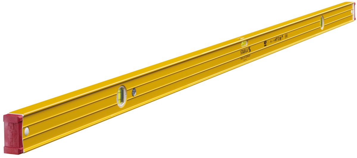 STABILA Magnet-Wasserwaage Type 96-2 M, 183 cm, extrasteifes Alu-Profil, extrastarke Seltenerd-Magnete, 1 Horizontal-/2 Vertikal-Libellen, stoßdämpfende Endkappen, Rutsch-Stopper, Made in Germany