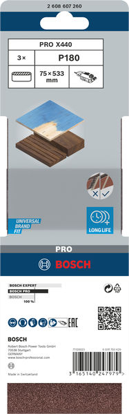 BOSCH PRO X440 Schleifband, 75 x 533 mm, 180, 3-tlg. BOSCH PRO X440 Schleifband, 75 x 533 mm, 180, 3-tlg.