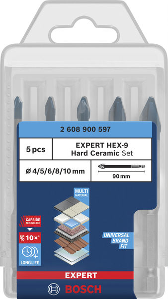BOSCH EXPERT HEX-9 Hard Ceramic Bohrer-Set, 4/5/6/8/10 x 90 mm, 5-tlg