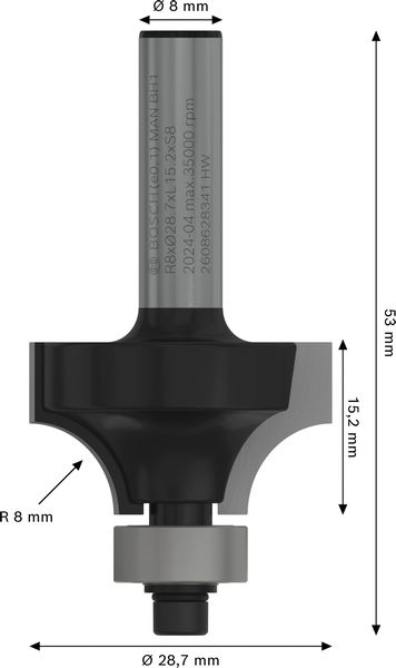 BOSCH PRO Abrundfräser, R 8, Schaft 8 mm