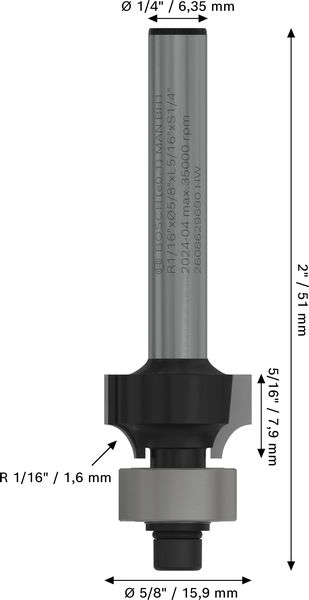 BOSCH PRO Abrundfräser, R 1/16", Schaft 1/4" BOSCH PRO Abrundfräser, R 1/16", Schaft 1/4"
