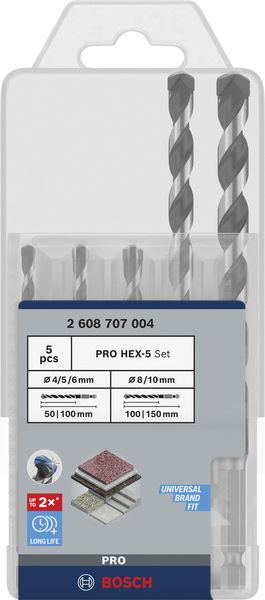 BOSCH PRO HEX-5 Bohrer-Set, 4x100, 5x100, 6x100, 8x150, 10x150 mm, 5-tlg. BOSCH PRO HEX-5 Bohrer-Set, 4x100, 5x100, 6x100, 8x150, 10x150 mm, 5-tlg.