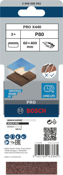 BOSCH PRO X440 Schleifband, 60 x 400 mm, 80, 3-tlg. BOSCH PRO X440 Schleifband, 60 x 400 mm, 80, 3-tlg.