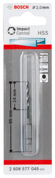 BOSCH HSS Spiralbohrer mit Sechskantschaft 2,0 mm
