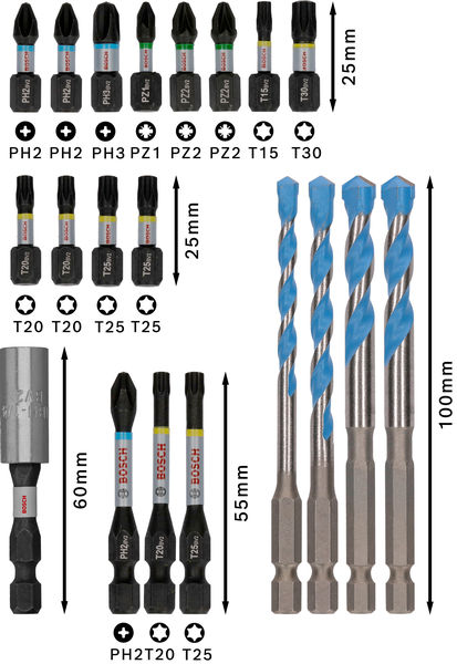BOSCH PRO Impact Schrauberbits und Multi Construction Bohrer Set, 20-tlg.