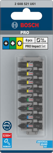 BOSCH PRO Impact Schrauberbit Set, PH1/PH2/PZ1/PZ2/T15/T20/T25/T30, 25 mm, 8-tlg.