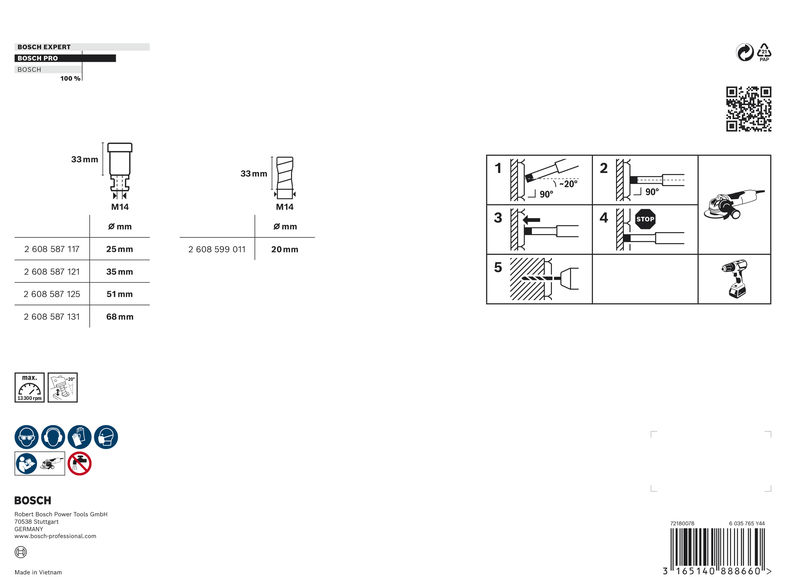 BOSCH PRO Ceramic Trockenbohrkronen-Set, 68x33/51x33/35x33/25x33/20x33 mm, M14, 5-tlg.