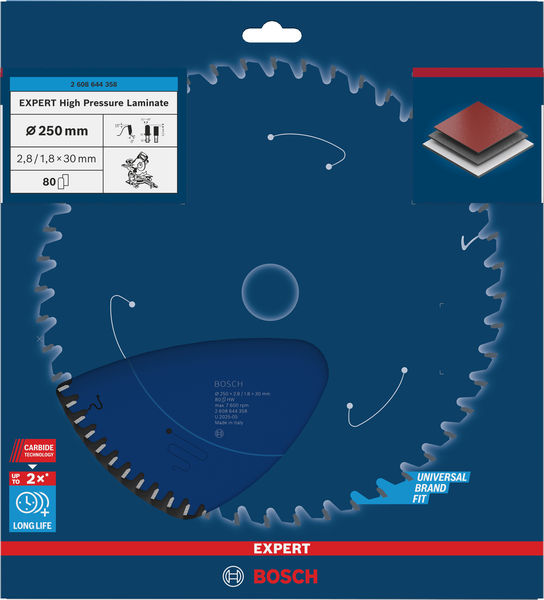 BOSCH EXPERT High Pressure Laminate Kreissägeblatt, 250x2,8/1,8x30 mm, Z80