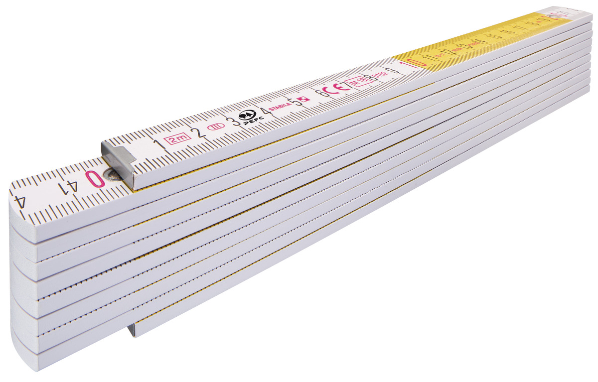 STABILA Zollstock Type 417, 2 m, weiß, weiß/gelbe metrische Schnellablese-Skala, Winkelfunktion, Meterstab aus PEFC-zertifiziertem Holz, Stahlblechgelenke mit integrieter Stahlfeder