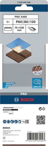 BOSCH PRO X440 Schleifband, 75 x 508 mm, G60, G80, G100, 3-tlg. BOSCH PRO X440 Schleifband, 75 x 508 mm, G60, G80, G100, 3-tlg.