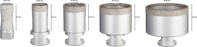BOSCH PRO Ceramic Trockenbohrkronen-Set, 68x33/51x33/35x33/25x33/20x33 mm, M14, 5-tlg. BOSCH PRO Ceramic Trockenbohrkronen-Set, 68x33/51x33/35x33/25x33/20x33 mm, M14, 5-tlg.