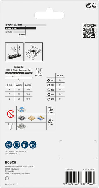 BOSCH PRO Impact Set mit Multi Constr. Bohrer, PH2/PZ2/T20/T25/T30, MC 5/6/8, 8-tlg.