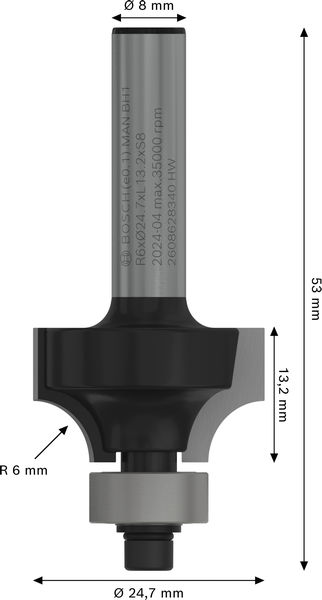 BOSCH PRO Abrundfräser, R 6, Schaft 8 mm