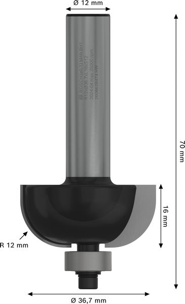 BOSCH PRO Hohlkehlfräser, R 12, Schaft 12 mm