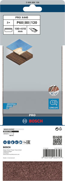 BOSCH PRO X440 Schleifband, 100 x 610 mm, G60, G80, G100, 3-tlg.