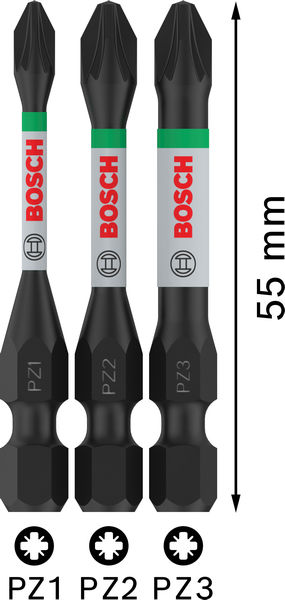 BOSCH PRO Pozidriv Impact Bit Set, PZ1, PZ2, PZ3, 55 mm, 3-tlg.