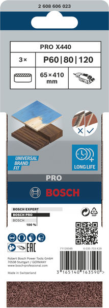 BOSCH PRO X440 Schleifband, 65 x 410 mm, G60, G80, G100, 3-tlg. BOSCH PRO X440 Schleifband, 65 x 410 mm, G60, G80, G100, 3-tlg.