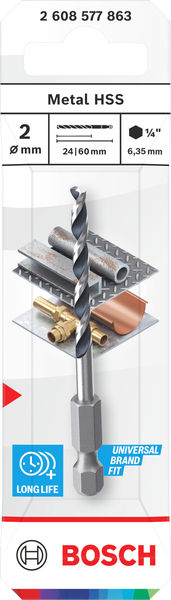 BOSCH Metal HSS Spiralbohrer, 2 x 24 x 60 mm, HEX 1/4“ Schaft
