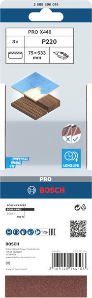 BOSCH PRO X440 Schleifband, 75 x 533 mm, 220, 3-tlg. BOSCH PRO X440 Schleifband, 75 x 533 mm, 220, 3-tlg.