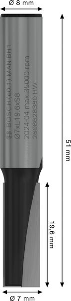 BOSCH PRO Nutfräser, zweischneidig, Ø 7 x L 19,6, Schaft 8 mm
