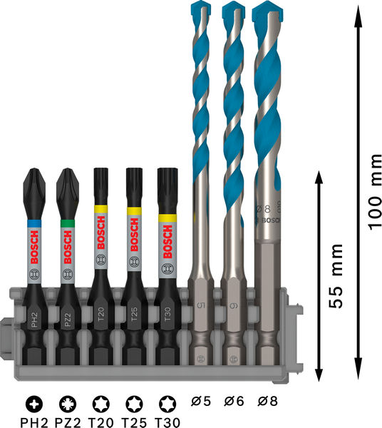 BOSCH PRO Impact Set mit Multi Constr. Bohrer, PH2/PZ2/T20/T25/T30, MC 5/6/8, 8-tlg.