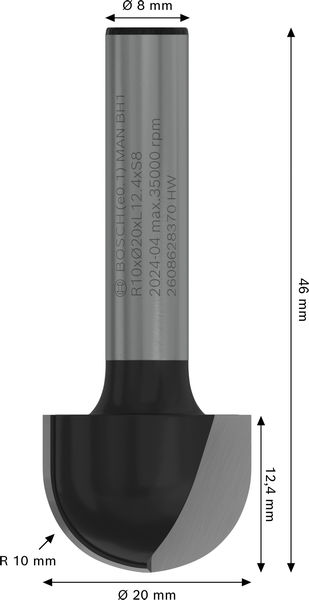 BOSCH PRO Hohlkehlfräser, R 10, Schaft 8 mm