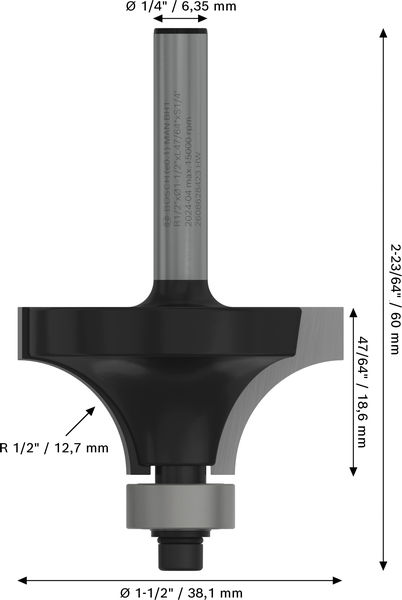 BOSCH PRO Abrundfräser, R 1/2", Schaft 1/4"