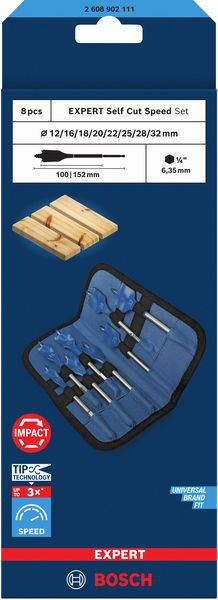 BOSCH EXPERT Self Cut Speed Flachfräsbohrer-Set, 12/16/18/20/22/25/28/32 mm, 8-tlg. BOSCH EXPERT Self Cut Speed Flachfräsbohrer-Set, 12/16/18/20/22/25/28/32 mm, 8-tlg.