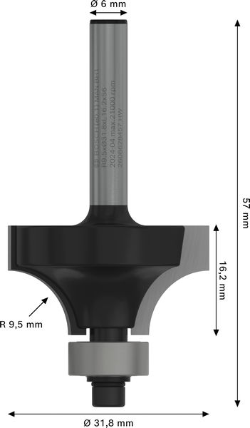 BOSCH PRO Abrundfräser, R 9,5, Schaft 6 mm