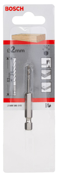 BOSCH Holzspiralbohrer mit 1/4-Zoll Sechskantschaft, 2 x 24 x 62 mm