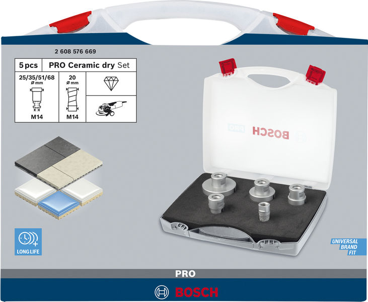 BOSCH PRO Ceramic Trockenbohrkronen-Set, 68x33/51x33/35x33/25x33/20x33 mm, M14, 5-tlg. BOSCH PRO Ceramic Trockenbohrkronen-Set, 68x33/51x33/35x33/25x33/20x33 mm, M14, 5-tlg.